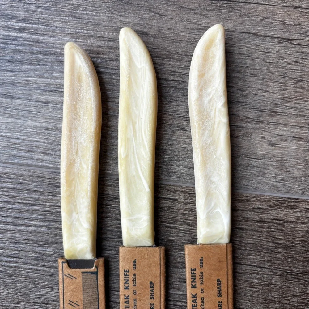 Vintage Quikut Stainless Steel Steak Knives Set of 3 Cream Marbled Tenite Handle